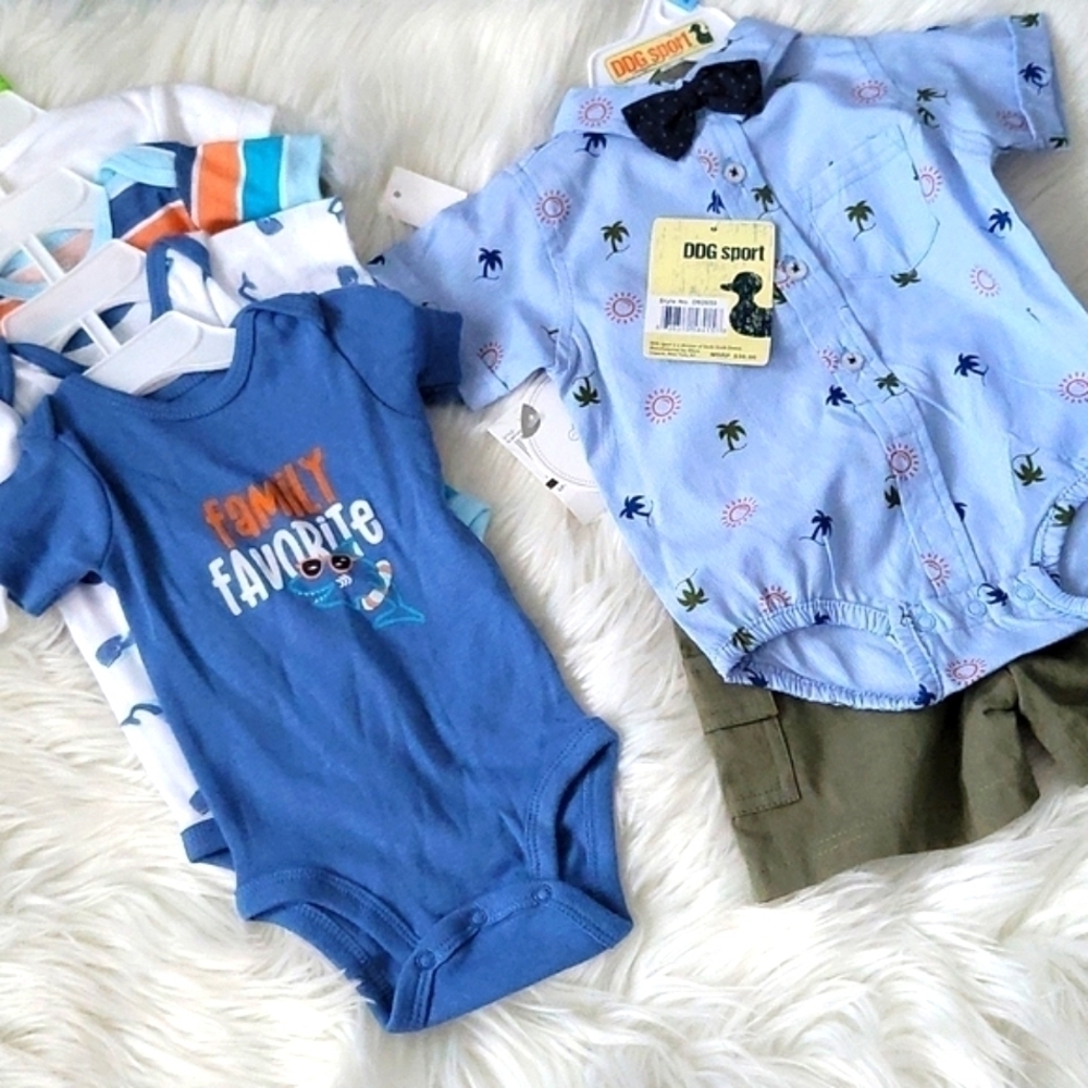 Dog Sport 3/6M outfit and KoalaBaby 0/3M 4 pack bodysuit bundle and bibs…